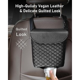 BELINOUS Refined Leather Car Trash Can with Matching Tissue Holder, Waterproof and Leakproof Car Trash Bin, Car Garbage Can with Adjustable Strap