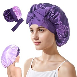 Satin Hair Cap for Women - Double-Sided Satin Silk Hood for Sleeping Cap, Adjustable Silk Cap, Hair Protect Hair Cap, Purple, 55-60