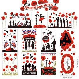 AhfuLife Lest We Forget Window Stickers, 10 Sheets Reusable Remembrance Day Window Clings for 11th November Decorations, Double Sided Lest We Forget Stickers for Street Home Decor