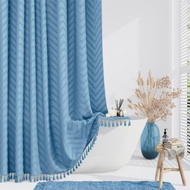 Dynamene Extra Long Shower Curtain, 84 Inch Long Boho Tufted Chevron Striped Fabric Shower Curtain for Bathroom, Tall Shabby Chic Waterproof Cloth Shower Curtain Set with Hook, Moonlight Blue, 72x84