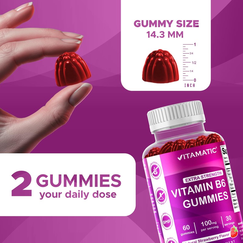 Vitamatic 2 Packs Vitamin B6 100mg Gummies – Natural Strawberry