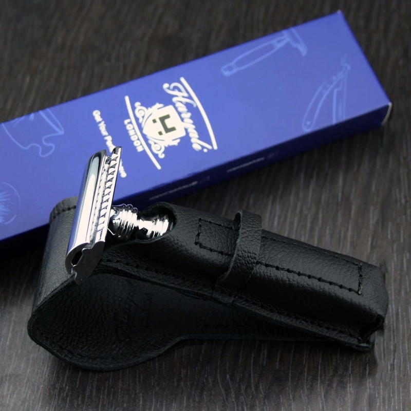 Silver Antique Inspired DE Safety Razor & Leather Protective Case