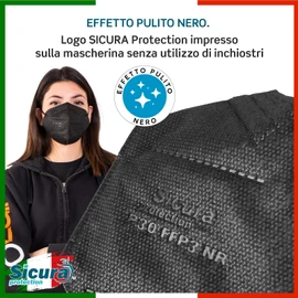25 x CE certified FFP3 masks, black, made in Italy with printed SICURA logo PFE ≥99%, BFE ≥99%, sanitised and individually sealed