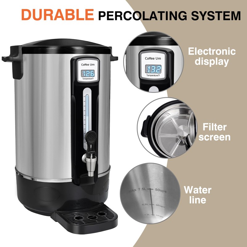 alelarocr Commercial Coffee Urn 50 Cups（12L, Stainless Steel Large-Capacity Coffee