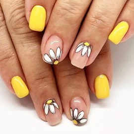 24Pcs Yellow Press on Nails Spring Summer Fake Nails Short Square False Nails with Cute Sunflower Design Full Cover Glossy Stick on Nails Reusable Acrylic Nails for Women Girls Spring Summer Nail Art