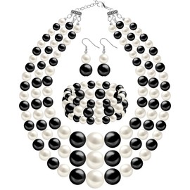 WINSENET Pearl Jewelry Set for Women Pearl Necklace Earrings Bracelet Set for Wedding Birthday Party Black and White