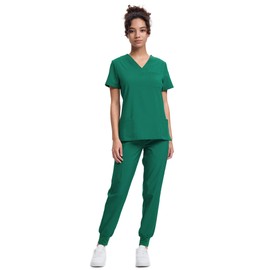 Floralhue Women's V-Neck Scrubs Top & Cargo Pants Set, 10 Pockets, Yoga Waistband, 4 Way Stretch, Hunter Green, M