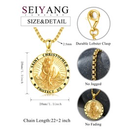 Seiyang Gold St Christopher Medal for Men 925 Sterling Silver Round St Christopher Pendant Mens Double Sided Saint Christopher Medallion Necklace Protection Jewelry Religious Gifts for Men Women