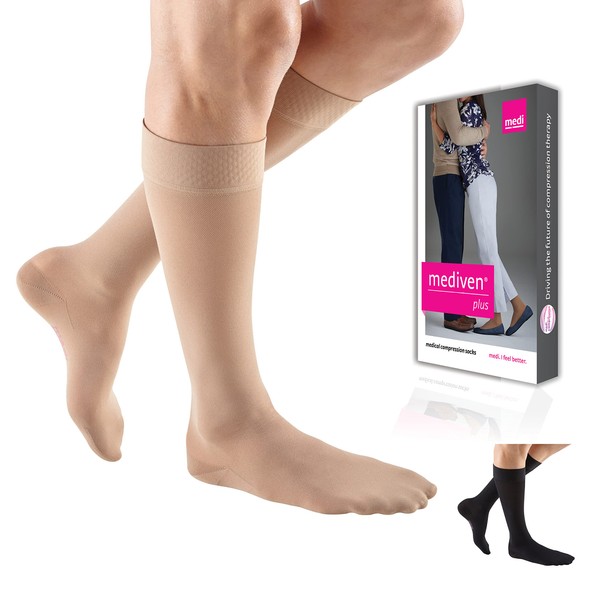 Mediven Plus, Knee-High, Extra Wide With Top Band, 30-40mmHg, Open Toe, Petite, Compression Stocking, Beige, IV