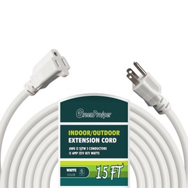 GreenProsper 12 Gauge Indoor Outdoor White Extension Cord Heavy Duty 15 FT, 12 AWG SJTW Electrical Cable, Weather-Resistant Power Cord, Great for Garden, Offices and Lawns