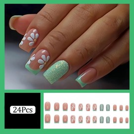 RUPOFUZA Green French Press on Nails Square Short Fake Nails Glitter Green False Nails with Floral Nails Full Cover Stick on Nails Acrylic Artificial Nails Short Glue on Nails for Women 24Pcs