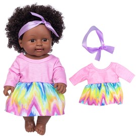 ZQDOLL 11.8 Inch Black Baby Girl Doll and Clothes Set African American Realistic Soft Silicone Washable Dark Skin Baby Doll with Cute Curly Hair and Rainbow Color Dress-Best Gift for Kids Girls