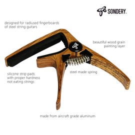 Guitar Capo for Acoustic and Electric Guitars - Sondery Ultralight Metal Capo Aircraft Aluminum Steel Spring Beautiful Wood Grain Single Hand Operation for Steel Strings Guitars