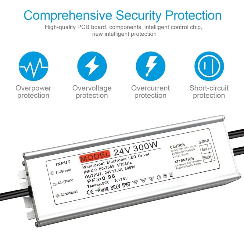 24V 300W IP67 Waterproof Outdoor Power Supply, AC 100-265V to
