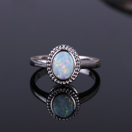 KELITCH Synthetic Opal Silver Ring, Handamde Egg Round Ring for Women (White, 9), Bead, No-Gem-Tye