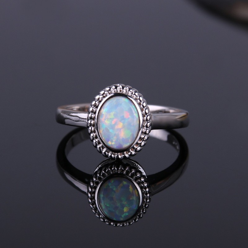 KELITCH Synthetic Opal Silver Ring, Handamde Egg Round Ring for
