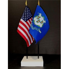 1 American and 1 Connecticut Miniature Office Flag Set Rayon 4x6 inch Office Flag are American Made Little Hand Waving Table Flags Includes a 2-Hole White Flag Stand