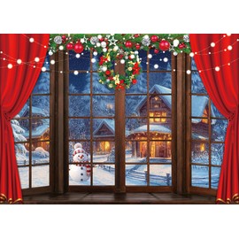 LYRYGS Christmas Backdrop Christmas Window Backdrop for Photography Winter Night Snowhouse Light Red Curtain Christma Photo Backdrop Studio Props Banner Decor cp-566 7x5ft
