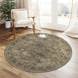 WondRg 5x5 Washable Round Rug Brown Vintage Entryway Non Slip Low Pile Traditional Circle Area Rug Retro Distressed Soft Thin Accent Throw Rug for Living Room Bedroom Dining Room