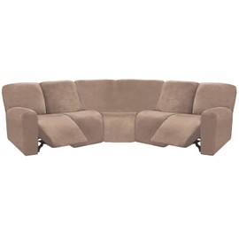 ULTICOR 7-Piece L Shape Sectional Recliner Sofa Covers, Velvet Stretch Reclining Couch Covers, Thick, Soft, Washable (Taupe, 5 Seat Recliner Cover)