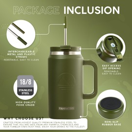 FAHRMOSIS 50 Oz Tumbler with Handle and Straw | Stainless Steel Vacuum Insulated Tumbler for Hot & Cold Drinks | Double Insulated Tumbler Reusable Water Bottle with Straw - Army Green