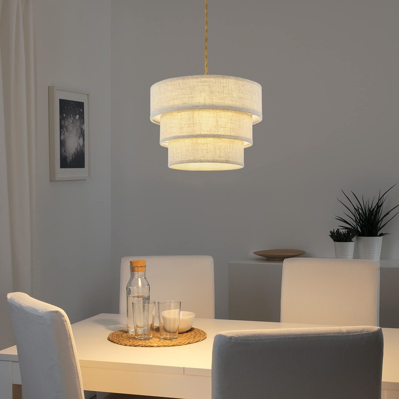 XININSUN 3-Tier Drum Linen Plug in Pendant Light with15ft Hemp