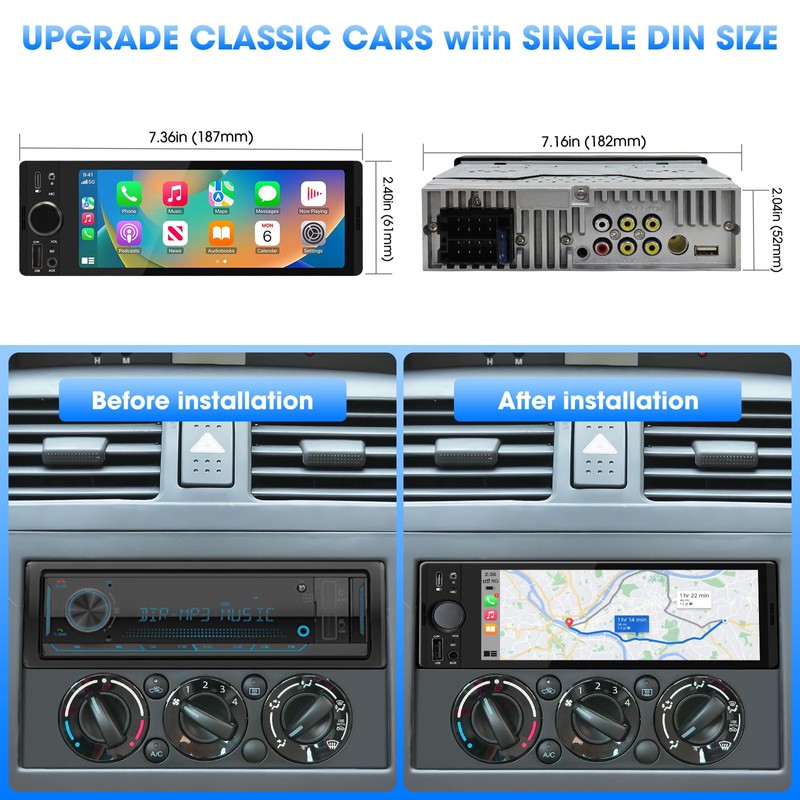 AKAMATE Single Din CarPlay Stereo: Android Auto Touchscreen Car Radio
