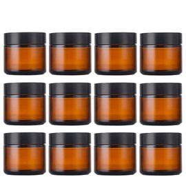 IRON BILL 2 Oz Amber Round Glass Jars with Inner Liners and Black Lids(12PCS) Empty Cream Containers Refillable Cosmetic Vials for Cosmetics, Lotions, Ointment, Body Scrubs & Balms