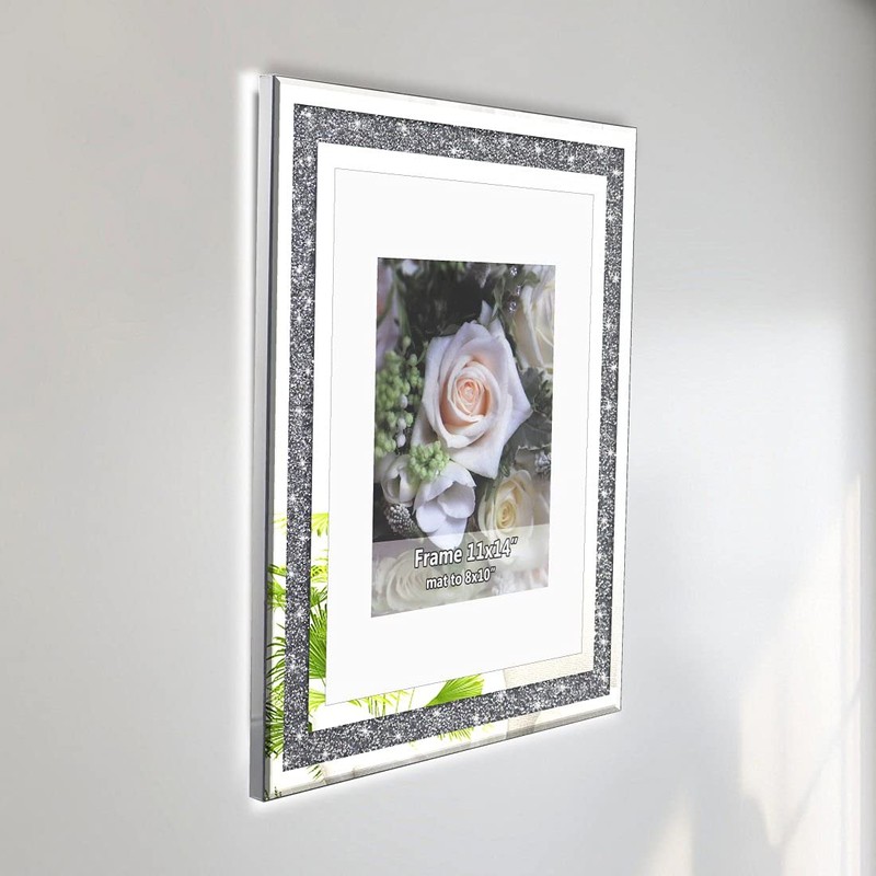 Crushed Diamond Wedding Mirror Photo Frame, Crystal Silver Glass Picture