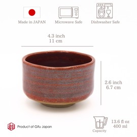 Product of Gifu Japan Ceramic Matcha Bowl, Handmade Chawan Japanese Green Tea Cup, Matcha Mixing Bowl, 400ml 13.6 oz, Brush Stroke Pattern, Red