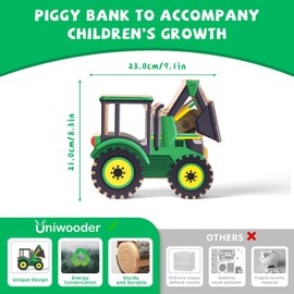 Uniwooder Wooden Tractor Piggy Bank for Kids, Tractor Money Box for Boys, Unbreakable Toddler Farm Vehicle Coin Bank, Educational Toys for Boys Girls, Kids Bank with Stickers for Birthday Gifts