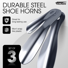 FALKON Shoe Horn Set | Metal Shoehorn Set of 7.5" Long Shoe Horn Metal + 4" Travel Metal Shoe Horn for Seniors (3)