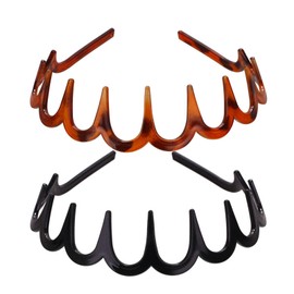 DFsucces Headband Set of 2 with Comb, Stylish, Hair Band, Wavy Hair Ornament, Bangs Clip, Painless, Fixed, Anti-Slip, Exercise, Facial Cleaning, Work, Unisex (Set of 2 - Black + Curry)