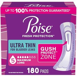 Poise Ultra Thin Incontinence Pads & Postpartum Pads for Bladder Leaks, 5 Drop Maximum Absorbency, Long Length, 180 Count, Packaging May Vary