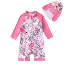 Toddler Baby Girls Swimsuit One-Piece Zipper Swimwear UPF 50+ Sun Protection Bathing Suit with Hat Pink