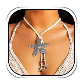 Handcess Boho Starfish Necklace Silver Vintage Star Pendant Necklaces Mermaid Beach Necklace for Women, One Size, Starfish, No Gemstone, Unit size, starfish, No Gemstone