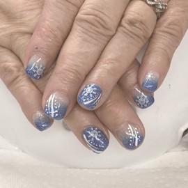 24Pcs Christmas Press on Nails Short Square Fake Nails Winter Acrylic Nails Snowflake French Tip False Nails Xmas Coffin Nails Blue Glitter Gradient Glue on Nails Holiday Artificial Nails for Women