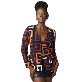 D'IYANU | FAFA Women's African Print Stretch Blazer – Zip-Up Jacket in Neutral Kuba Geometric Pattern – Regular & Plus Sizes