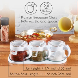 Crystalia Spice Jars Set of 3, Glass Spice Containers with Handles and Plastic Lids, Empty Condiment Storage Containers for Kitchen, Travel, and BBQ (White)