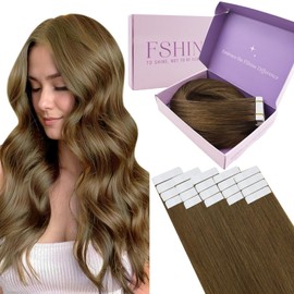 Fshine Tape in Extensions Echthaar 35cm Schokoladenbraun Echthaar Extensions Tape 50g Unsichtbar Invisible Glue in Remy Human Hair Extension 20 Stücke Haar Tape Extensions Echthaar in der Farbe 4