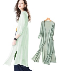 KumiModa Cardigan, Long Length, Top, Women's, Thin, Overlay, Knit, Cooling Protection, UV Protection, Cardigan, Casual, Solid, Spring, Summer, Long Sleeve, Soft, Sheer, green