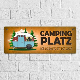 Camping Metal Sign in Orange with Caravan Motif Motorhome Holiday Hobby