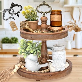 2 Tiered Tray Stand [Includes 3 Changeable Handles] - Stunning Coffee Table Tray or Rustic Cupcake Stand, Beautiful Wooden Serving Tray, Rustic Home Decor for Kitchen, Tiered Serving Tray (Brown)
