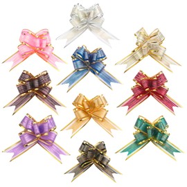 JRILUO Gift Bows Large, Pack of 10 Gift Bows with Gift Ribbon Gold, 10 Gift Bows, Gift Bow Pull Bows, Decorative Bows for Packaging/Wedding/Birthday/Christmas