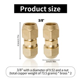 Pack of 2 Air Conditioning Adapters, Copper Pipe Connector, Split Air Conditioning Connection Nipple, Double Nipple for Copper Pipes, Compression Fitting, Pipe Connector, Brass, 3/8 Inch, Weld-Free