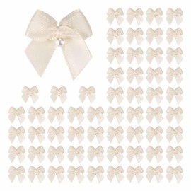 Meseey 60pcs Mini Satin Ribbon Bows with Pearl Ribbon Flowers Appliques DIY Craft for Sewing, Scrapbooking, Wedding, Gift,Christmas Decoration (Ivory)