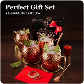 COPPER-BAR Moscow Mule Copper Mugs - Unique HANDCRAFTED Gift Set of 4, Hammered by Artisan, 100% Pure Solid Copper Cups 16oz for Drinking Water & Cocktails, Include 19 Pcs accessories & Special Opener