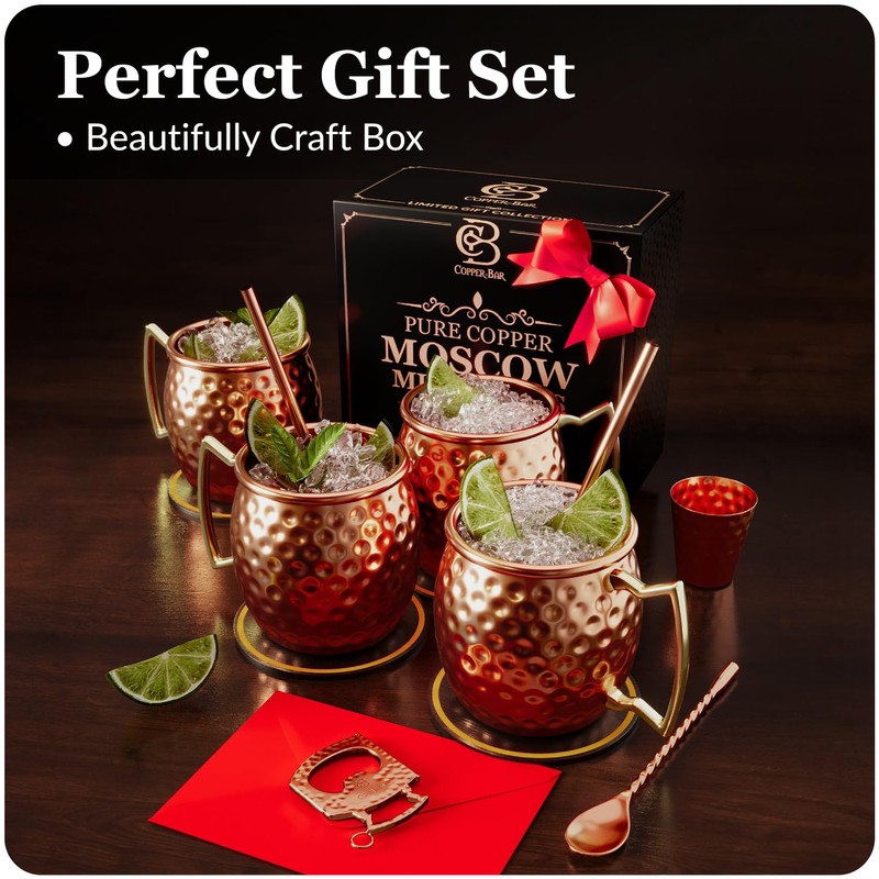 COPPER-BAR Moscow Mule Copper Mugs - Unique HANDCRAFTED Gift Set