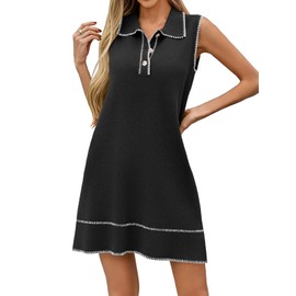 Wenrine Womens Sleeveless Mini Dress Casual Collared V Neck Contrast Stitch Loose Summer Knit Tank Dresses Black