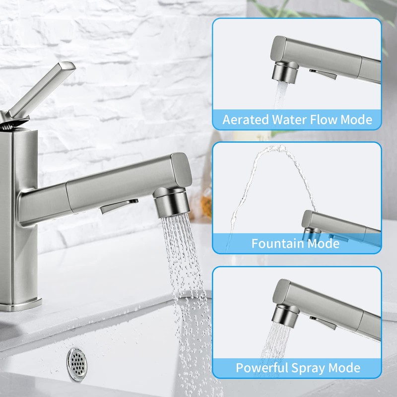 HANLIAN Single Hole Bathroom Pull Out Faucet with Rotating Spout,